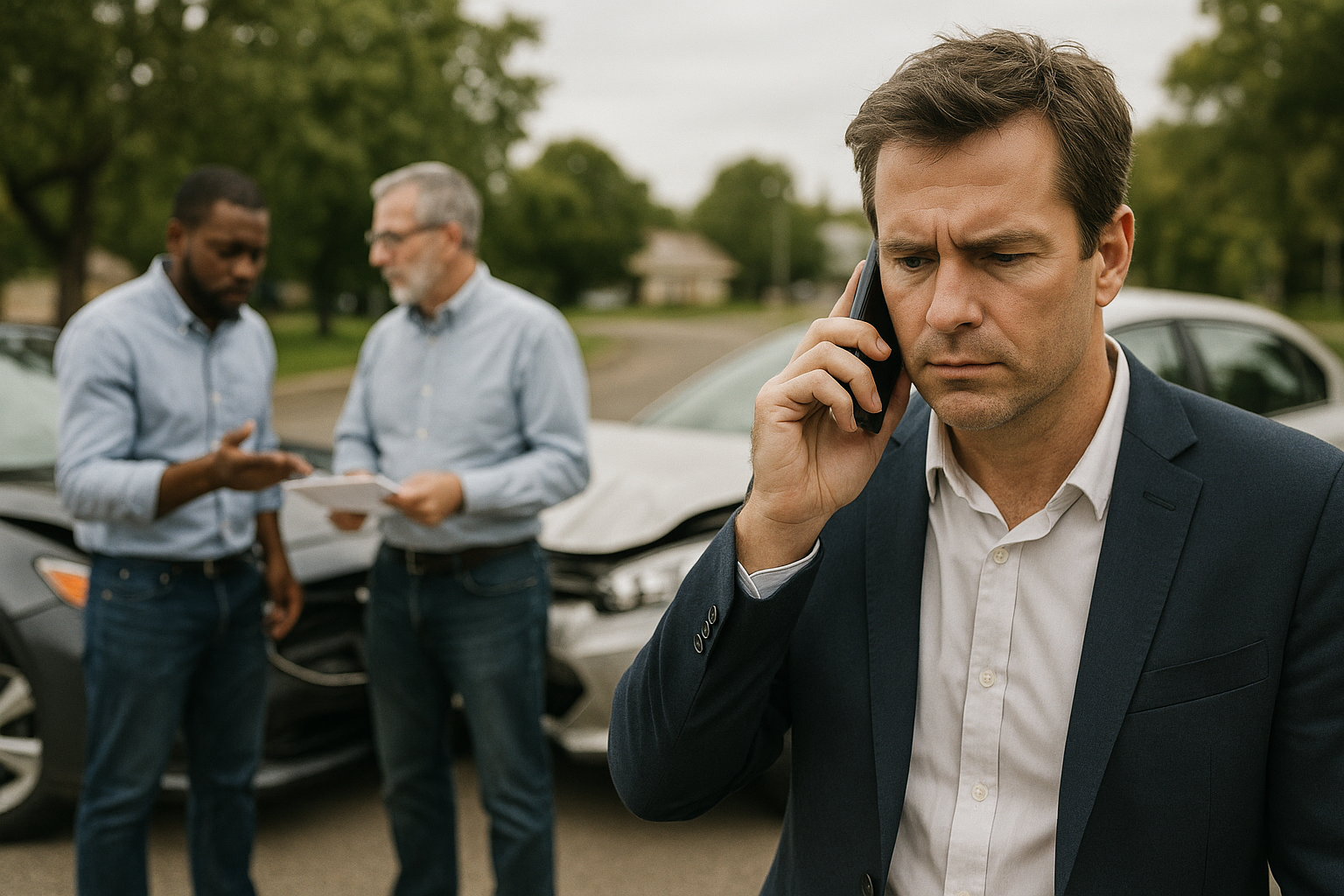 3 men stand near 2 vehicles in the aftermath of a car accident