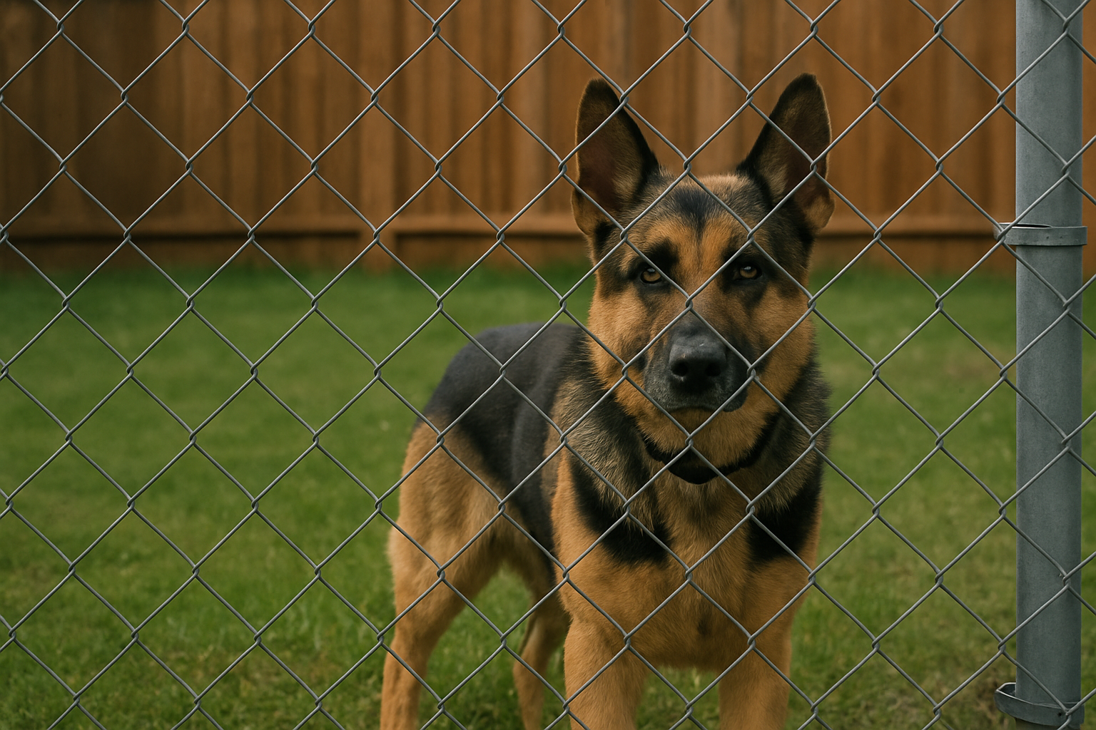 dog standing behind chain-link fence
