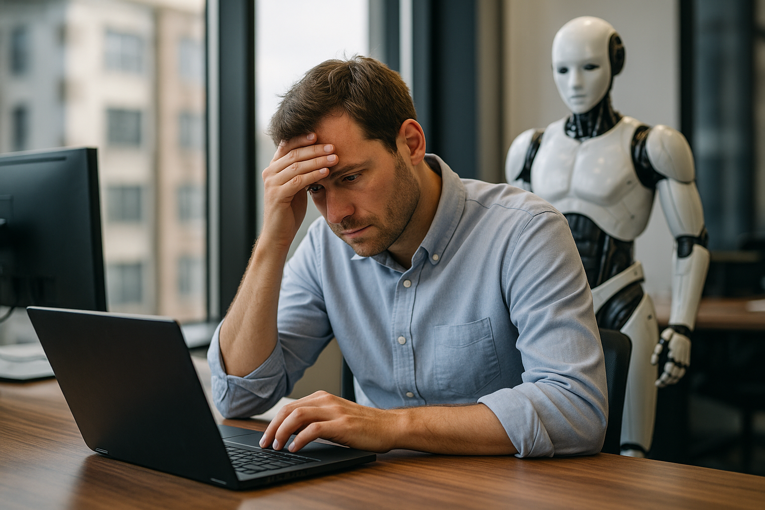 Human sits at the computer with a worried look while human-like android stands in background