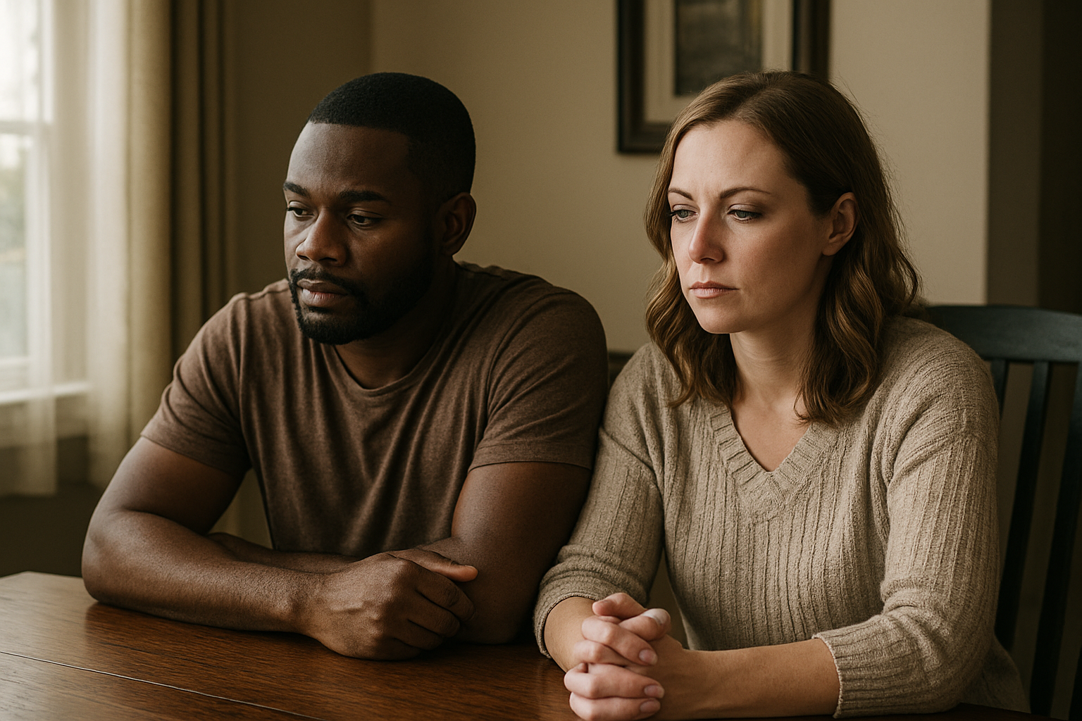 Man and woman sitting solemnly