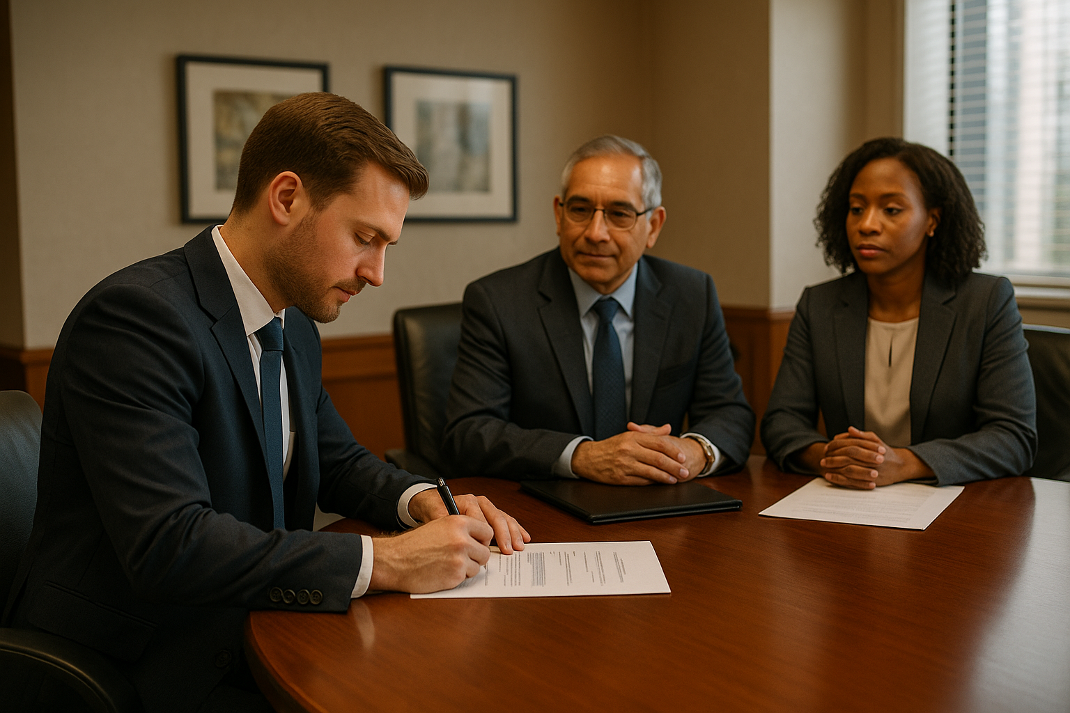 man signing employment agreement
