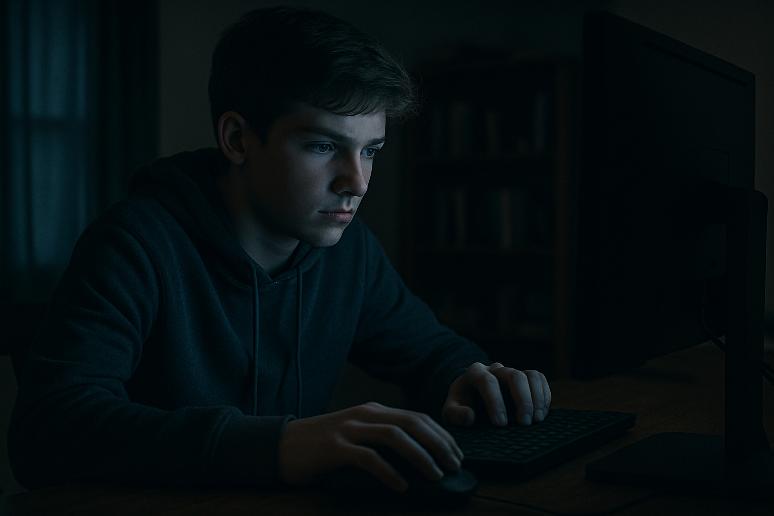 Male teenager uses computer alone
